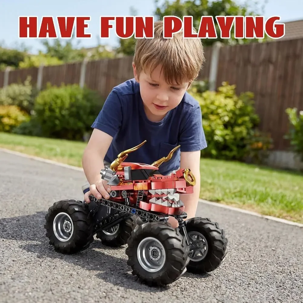 Red Dragon Monster Truck 2-in-1 Building Block Set Pull-Back STEM Toy Ages 8+